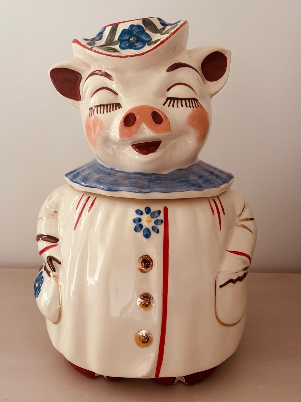 Rare Vintage 1940’s Patented “Winnie” Ceramic Cookie Jar with Blue Collar